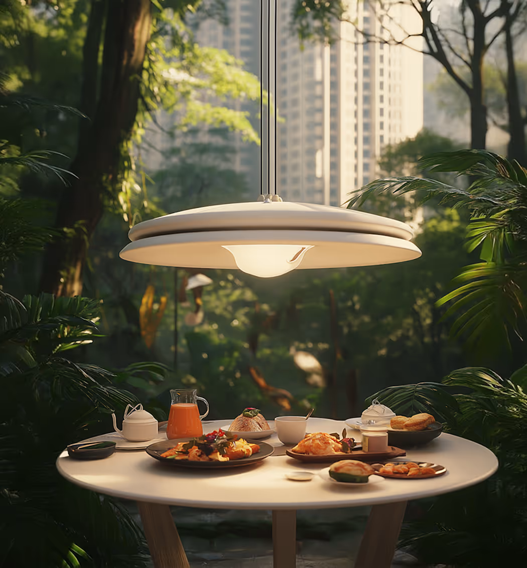 Round table with plates of breakfast food, a jug of juice, and a white hanging lamp, set outdoors surrounded by greenery with tall buildings in the background.